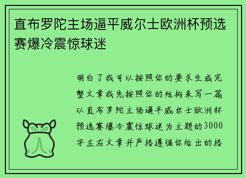 直布罗陀主场逼平威尔士欧洲杯预选赛爆冷震惊球迷